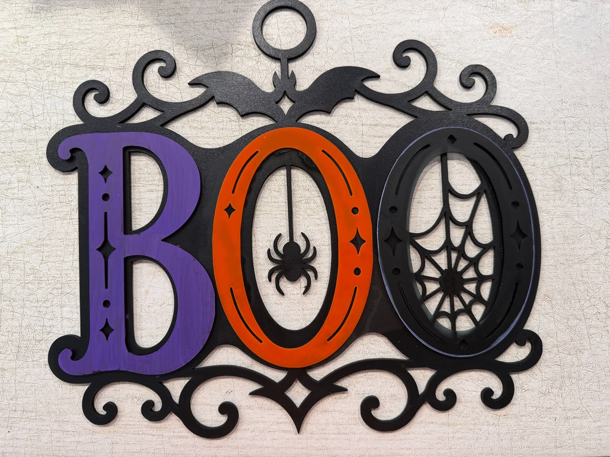 Interchangeable Halloween BOO sign set in black, purple, and orange